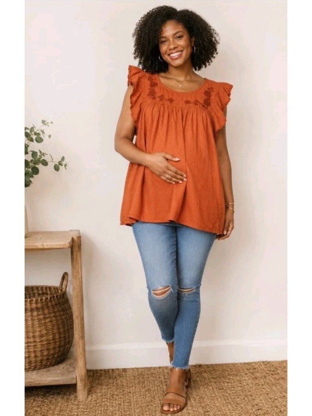 Motherhood Embroidered Maternity Blouse Boho Checked Flutter Sleeve Prairie XL